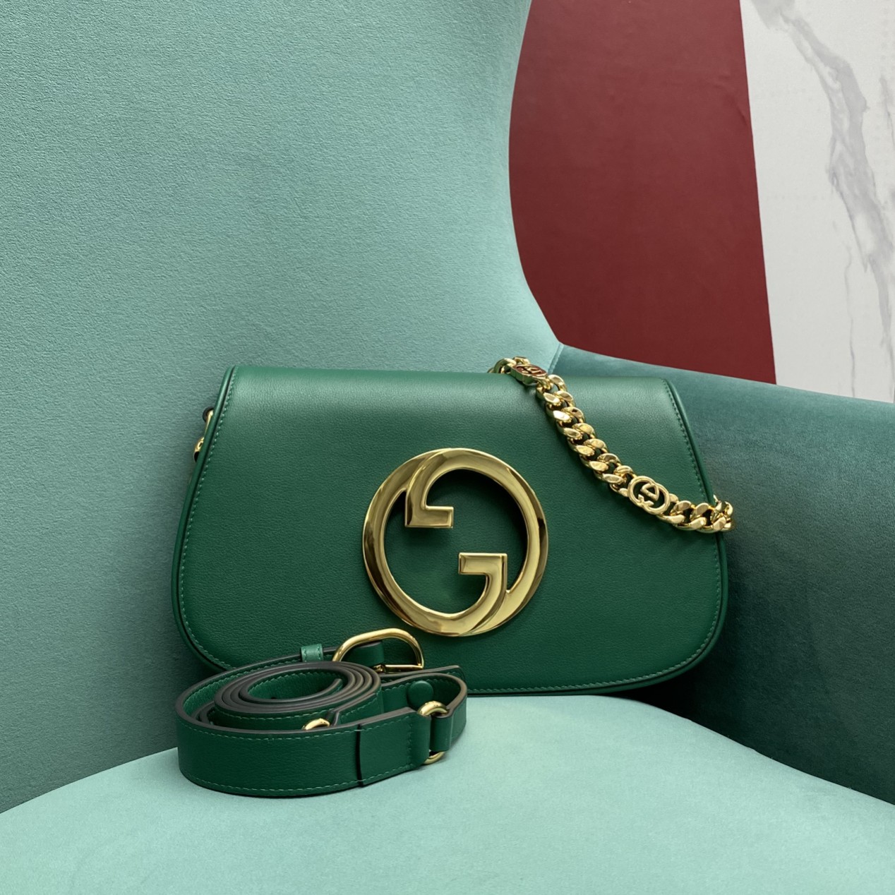 【P1580】厂家直销 Gucci古奇699268绿色全皮系列双G标识链条单肩斜挎包