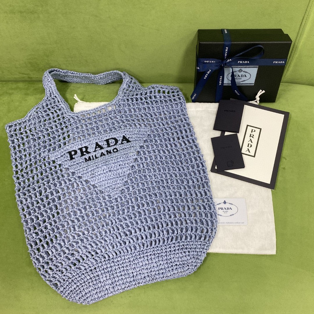 【P570】普拉达包包货源 Prada22年新款休闲编织镂空包单肩购物袋 蓝色