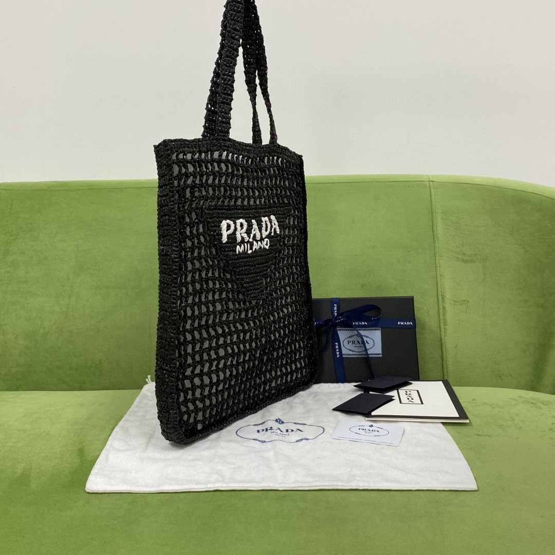 【P570】Prada包包官网 普拉达1BG393黑色编织方形镂空包单肩购物袋