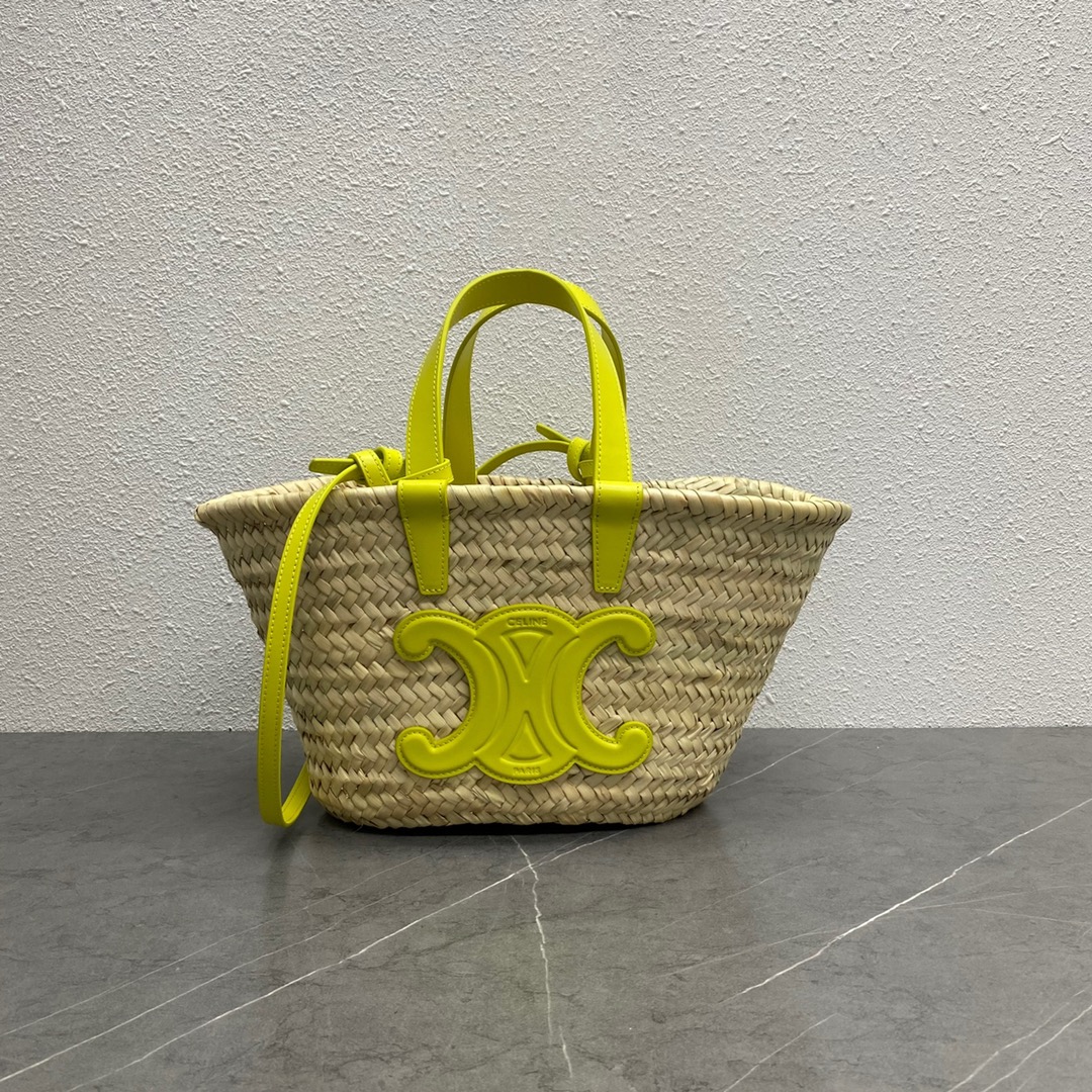 【P1130】Celine女包价格 思琳194002黄色Logo编织手提包菜篮子包