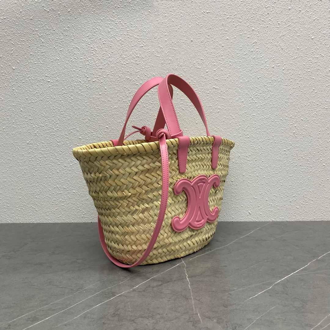 【P1130】Celine2022新款女包 赛琳194002粉色Logo编织手提包菜篮子包